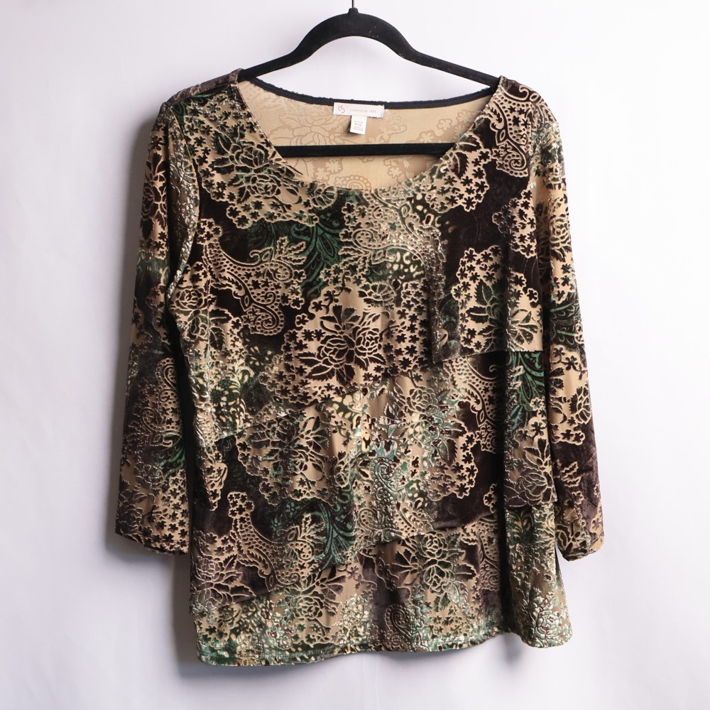 VTG Green Brown Burnout Velvet Blouse Earthy Fairy Core Whimsigoth Office XL P
